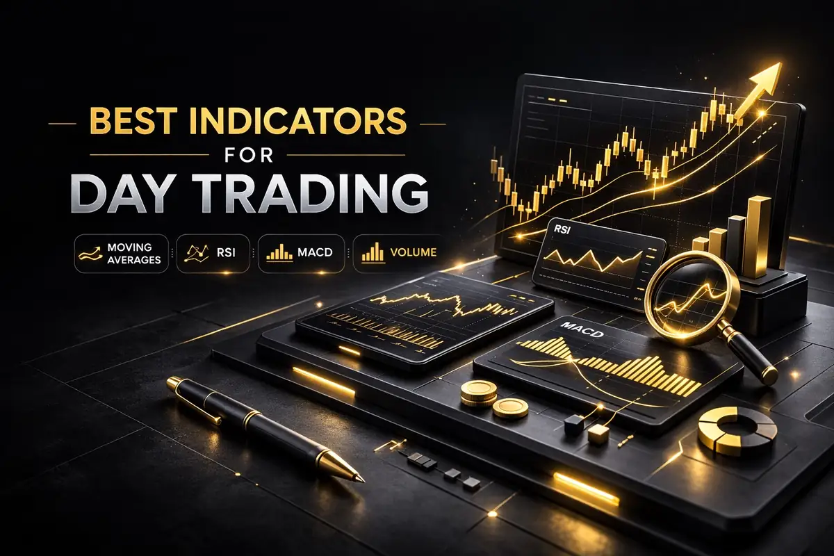 Best indicators for day trading display showing moving averages, RSI, MACD and volume on gold charts