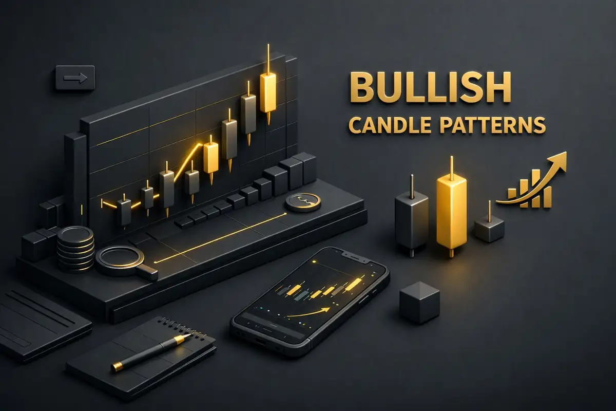 Glowing gold candlesticks forming a bullish candle pattern with rising chart and phone