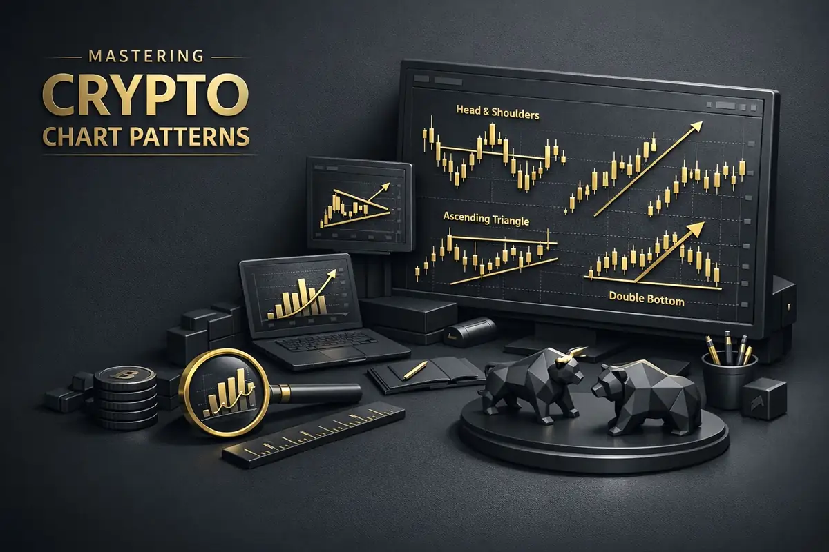 Monitor displaying crypto chart patterns like head and shoulders, ascending triangle, with bull and bear figures