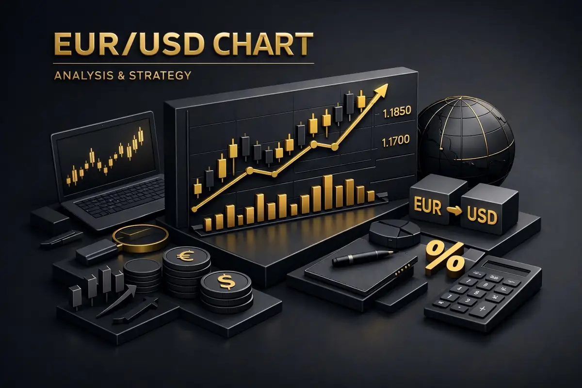 Rising EUR/USD chart with candlesticks, price levels, globe and currency coins for forex analysis