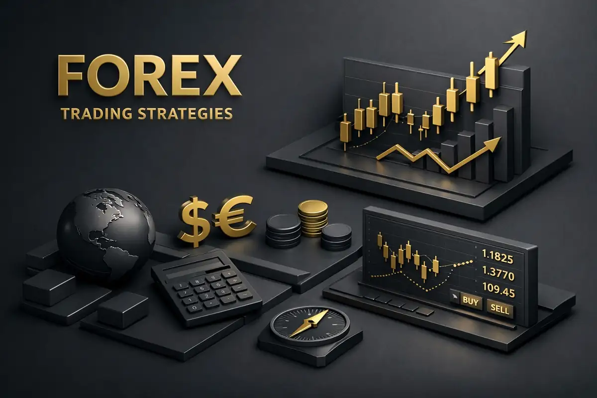 Rising candlestick charts, globe, calculator and buy sell screen showing forex strategy trading tools