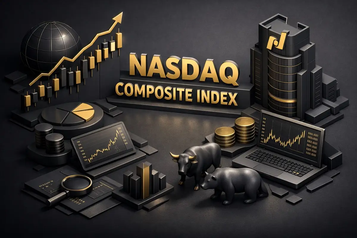 Nasdaq Composite Index 3D scene with exchange tower, charts, bull and bear figurines