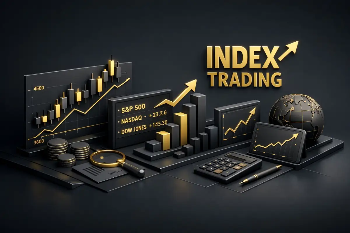 Index trading board showing S&P 500, Nasdaq, Dow Jones quotes with charts and globe