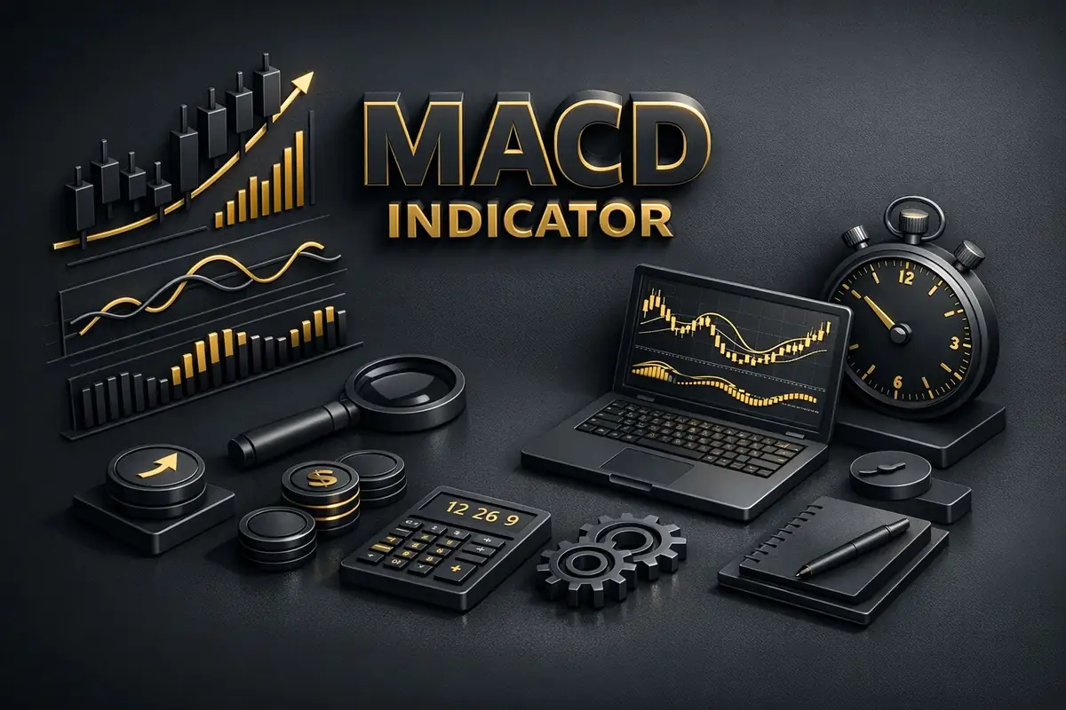 Laptop showing MACD indicator histogram beside coins, calculator and stopwatch on dark trading desk