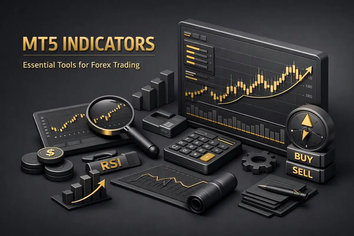 3D dark trading desk with MT5 indicators, candlestick chart, RSI tag, magnifier and buy-sell blocks
