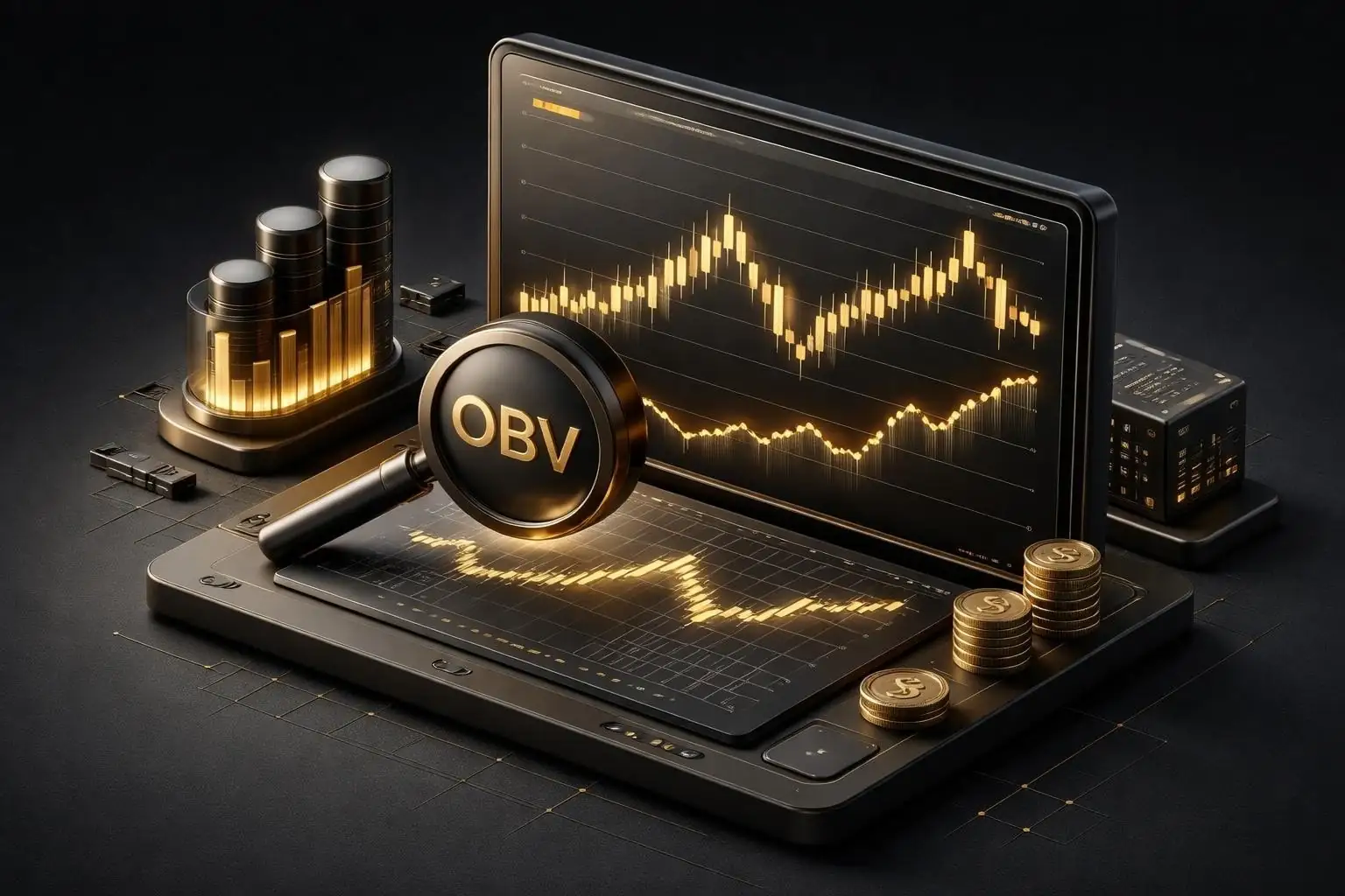 Isometric screens with OBV indicator magnifier over gold candlestick chart, volume bars and coins