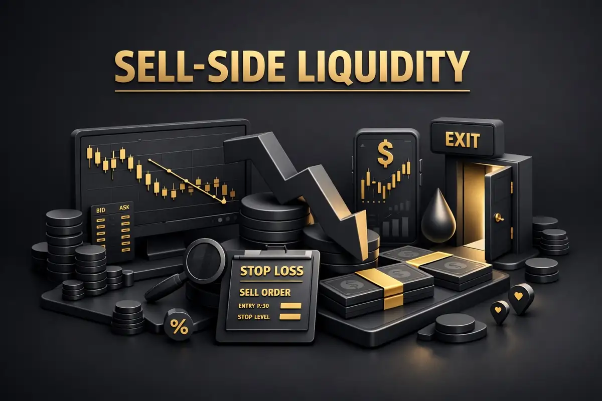 Sell-side liquidity scene with falling candlestick chart, stop loss sell order panel and exit door