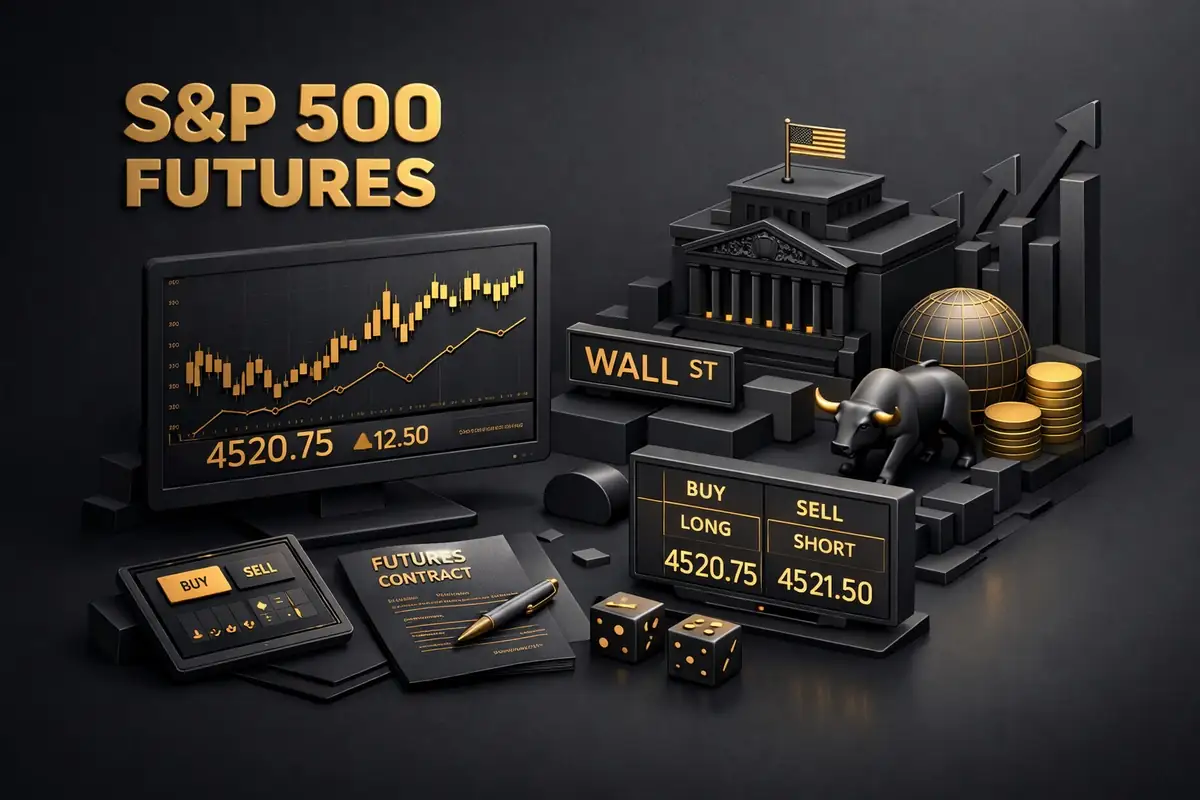 S&P 500 futures monitor at 4520.75 with Wall Street building, bull, buy sell board and globe