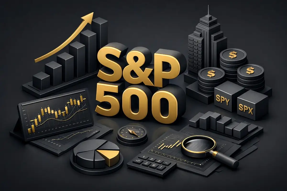 Gold S&P 500 text among Standard and Poor's 500 index charts, SPY and SPX blocks, coins and skyscraper
