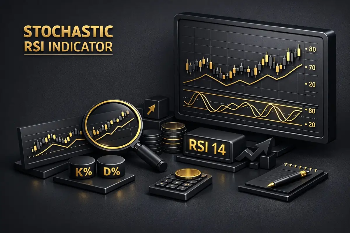 Stochastic RSI indicator monitor with oscillator waves, RSI 14 block, K% D% discs and candlesticks