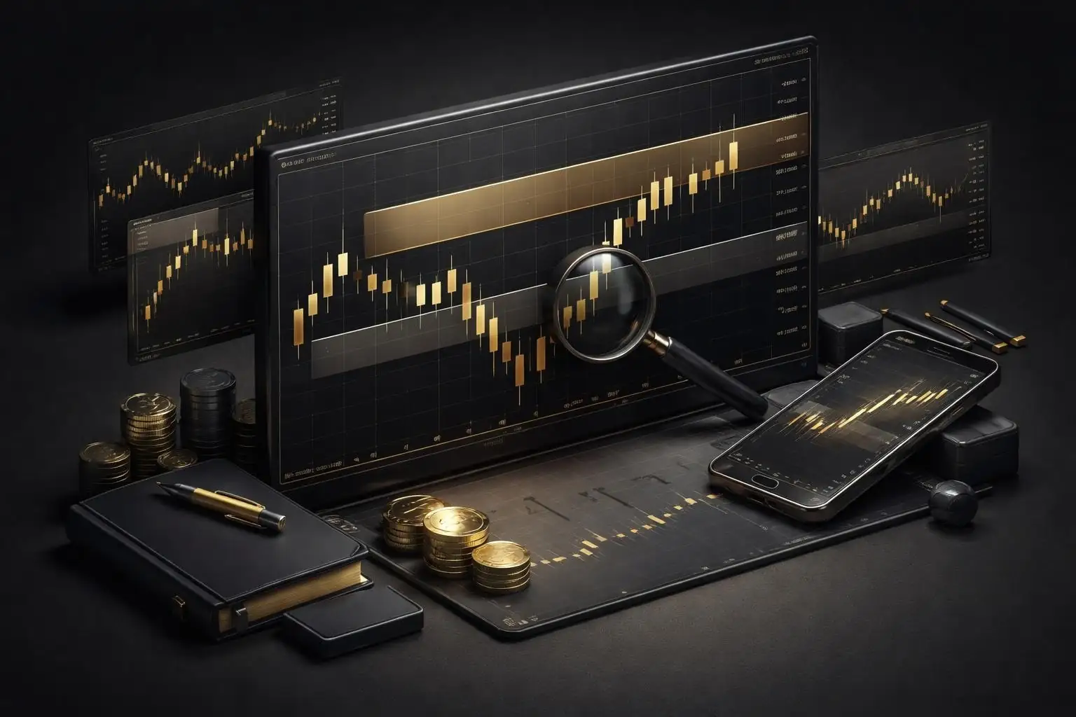 Dark candlestick chart screens with magnifier marking supply demand indicator zones, coins and phone