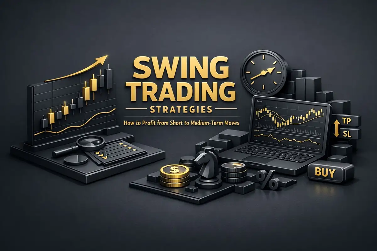 Dark screens showing rising swing trading candlestick chart with Buy Sell blocks, coins and clock