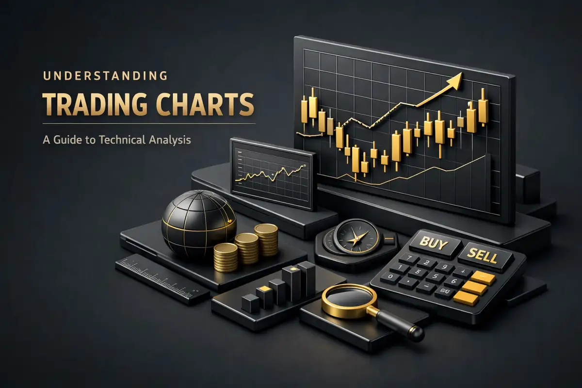 Gold candlestick monitor with calculator, coins and buy sell keys for reading trading charts
