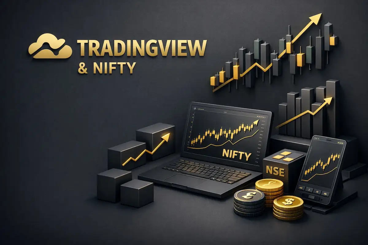 TradingView Nifty laptop and phone showing NSE candlestick charts with gold coins