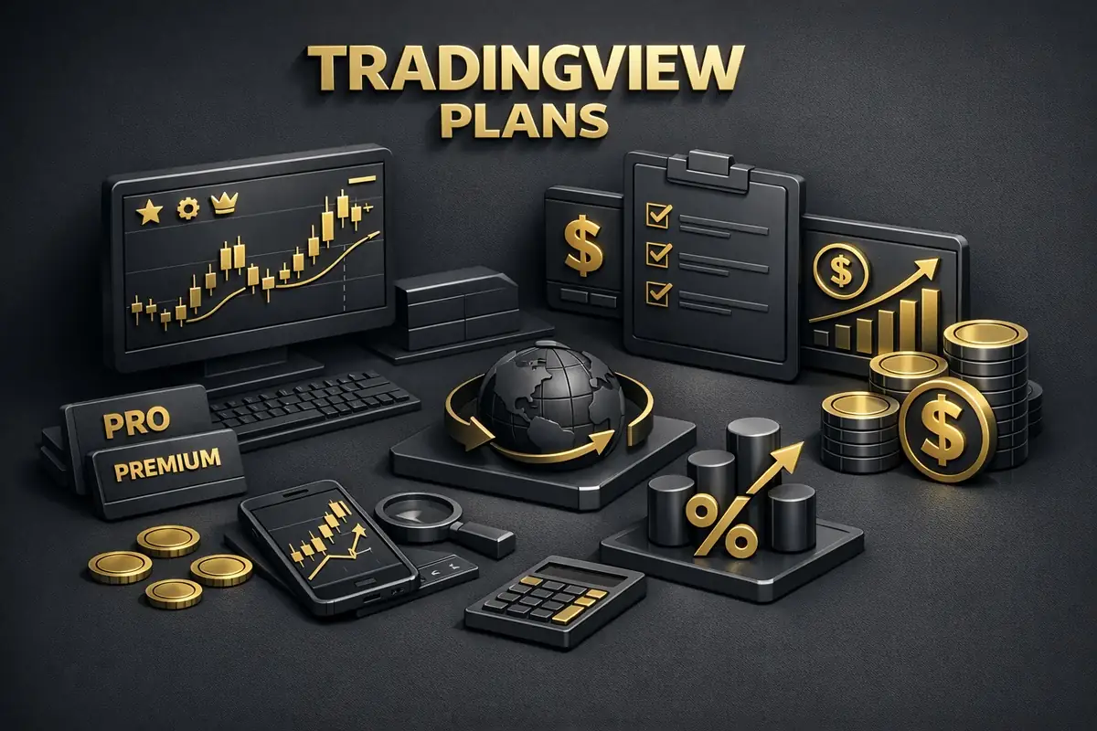 TradingView plans scene with Pro Premium tiers, monitor chart, globe and gold coins